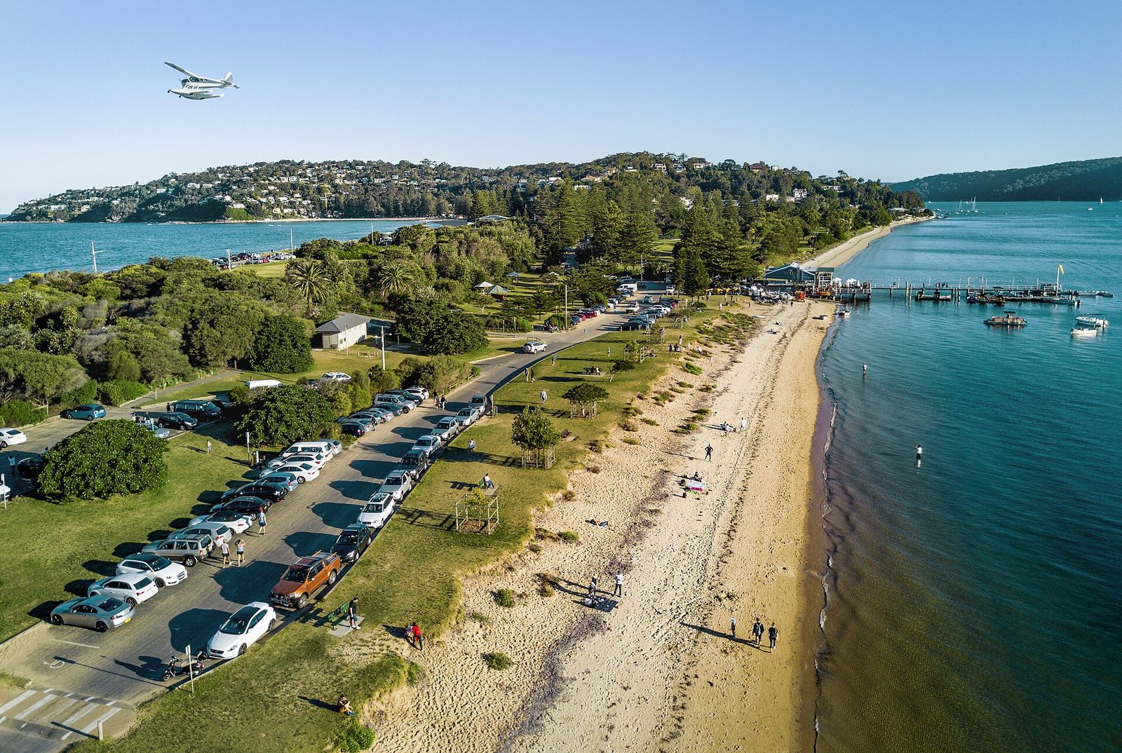 The Pittwater side of Palm Beach from above, ferry wharf and seaplane